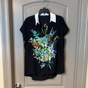 Floral Black Blouse with White Collar
